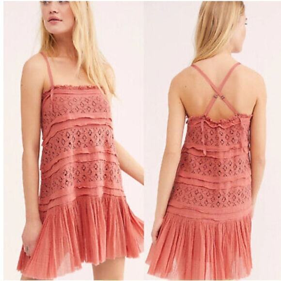 Free People Dresses & Skirts - Free People Shailee Slip Dress Lace Gauzy Slip Mini Ruffled Skirt Cooper M NWOT
